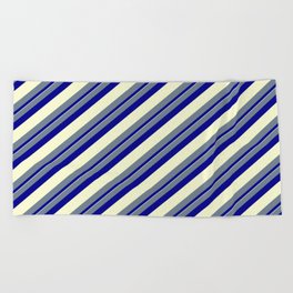 [ Thumbnail: Slate Gray, Dark Blue & Light Yellow Colored Lined Pattern Beach Towel ]