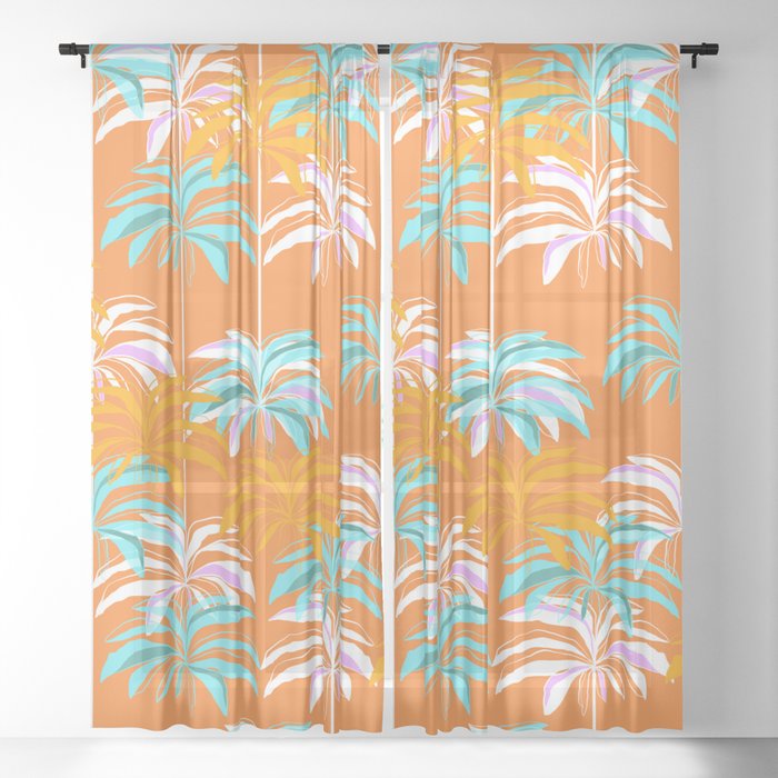 Palm Paradise Pattern - Aqua & Orange Sheer Curtain