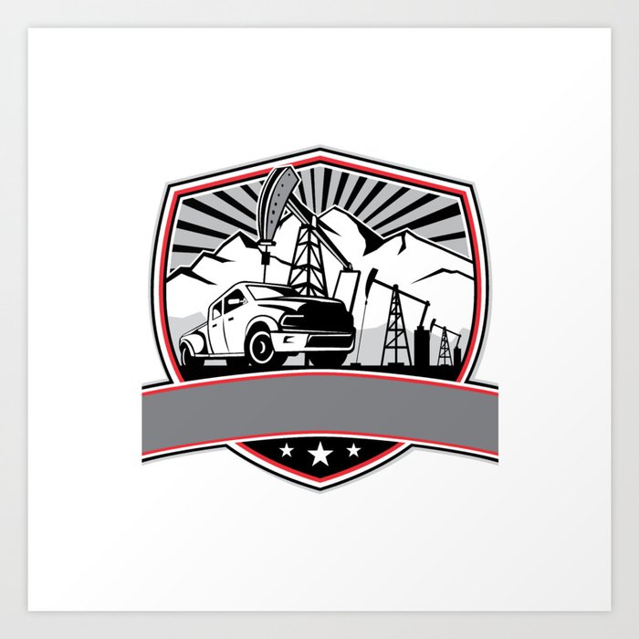 Pick-up Truck and Oil Derrick Shield Badge Retro Art Print