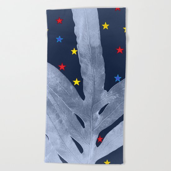 Green Fern Silver Blue with Starry Night, Stars Beach Towel