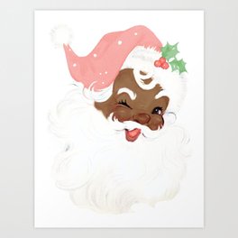 vintage old world black santa winking in blush pink Art Print