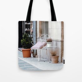 White Cast Iron Chair and Pink Cushion Tote Bag