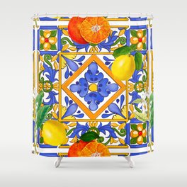 Summer ,Sicilian tiles ,citrus,oranges,majolica,lemons ,Mediterranean  Shower Curtain