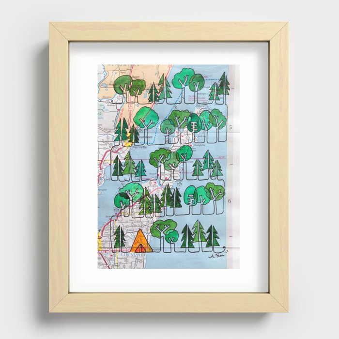 Door County, WI Forest with tent Continuous Line Drawing on vintage map Recessed Framed Print