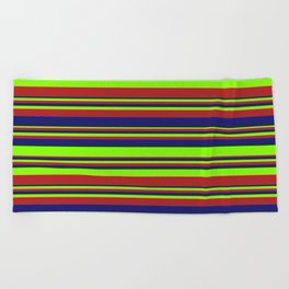 [ Thumbnail: Chartreuse, Red, and Midnight Blue Colored Striped Pattern Beach Towel ]