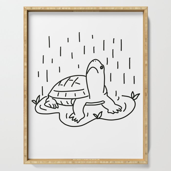 simple lineart style turtle and rain Serving Tray