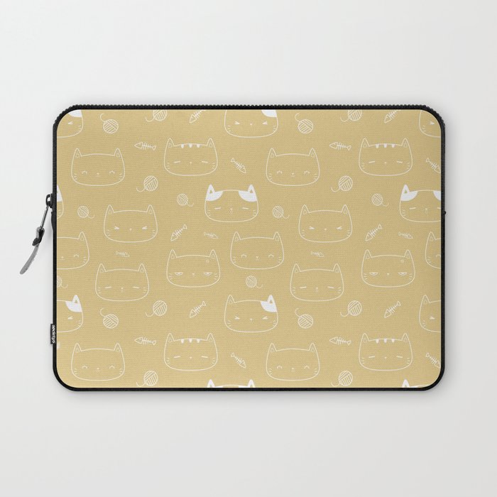 Tan and White Doodle Kitten Faces Pattern Laptop Sleeve