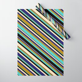 [ Thumbnail: Vibrant Dark Goldenrod, Turquoise, Black, Beige & Midnight Blue Colored Lines Pattern Wrapping Paper ]