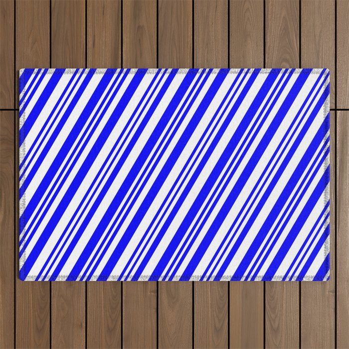 Blue & White Colored Striped/Lined Pattern Outdoor Rug