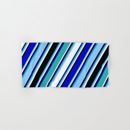[ Thumbnail: Vibrant Blue, Light Sea Green, Light Sky Blue, White & Black Colored Lines/Stripes Pattern Hand & Bath Towel ]