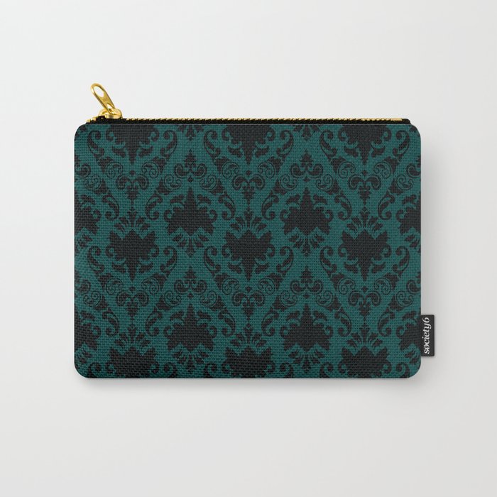 Dark Teal and Black Damask Carry-All Pouch