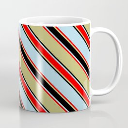 [ Thumbnail: Dark Khaki, Black, Light Blue & Red Colored Pattern of Stripes Coffee Mug ]