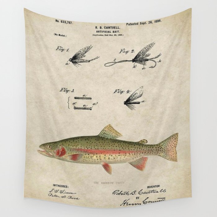 Vintage Rainbow Trout Fly Fishing Lure Patent Game Fish Identification  Chart Wall Tapestry by Atlantic Coast Arts and Paintings