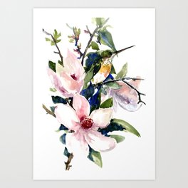 Hummingbird and Magnolia Flowers Art Print