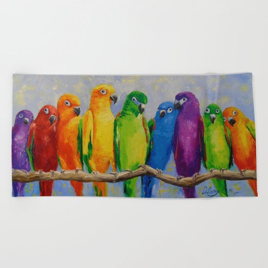 A flock of parrots, Beach Towel