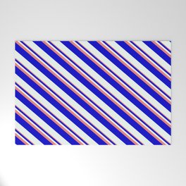 [ Thumbnail: Light Coral, Blue, and Mint Cream Colored Striped Pattern Welcome Mat ]