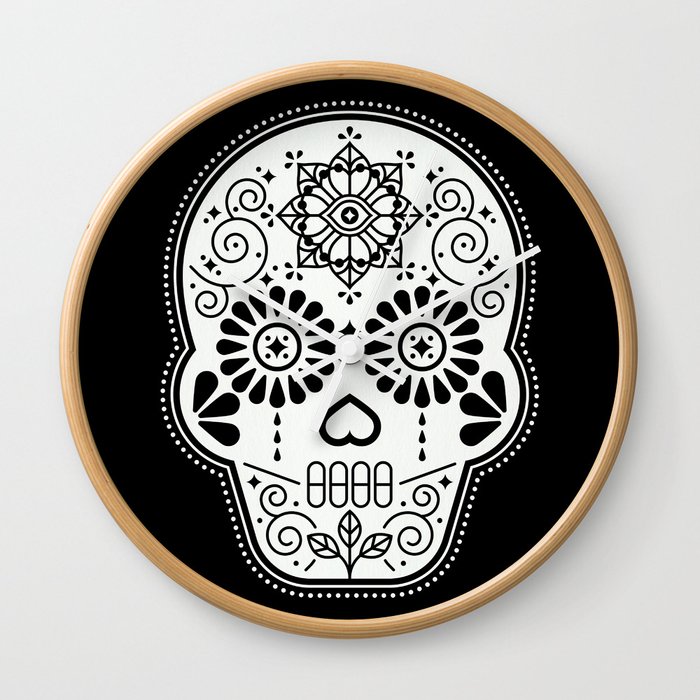 Dia De Muertos Calavera Mexican Sugar Skull White On Black Palette Wall Clock By Catcoq Society6