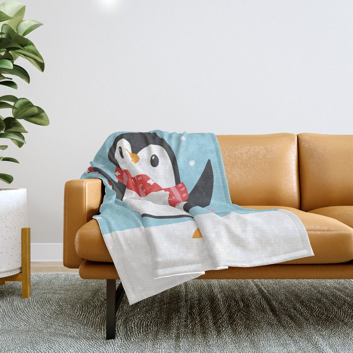 Cute Holiday Penguin with Candycane Throw Blanket