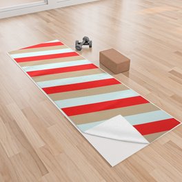 [ Thumbnail: Tan, Light Cyan, and Red Colored Stripes Pattern Yoga Towel ]