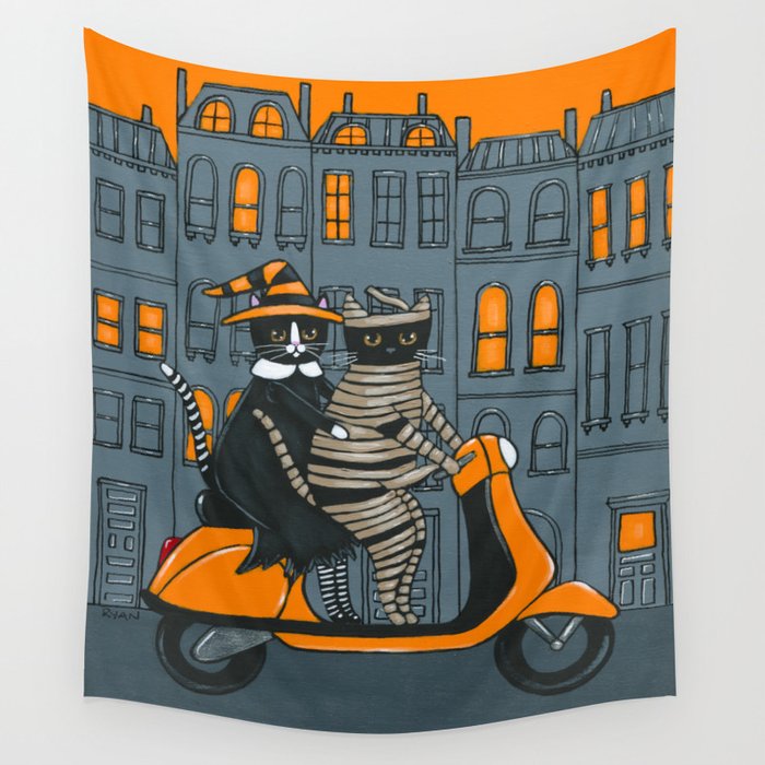 Mummy and Witch Halloween Moped Ride Wall Tapestry
