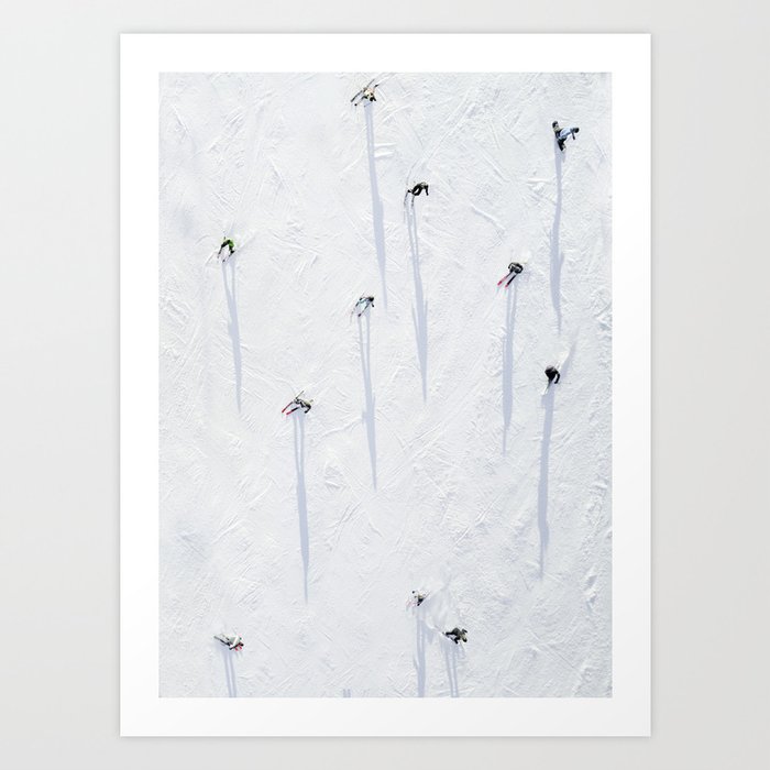 Aerial shot of skiers Art Print