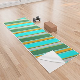 [ Thumbnail: Cyan, Orange, Sea Green, and Light Grey Colored Lined Pattern Yoga Towel ]
