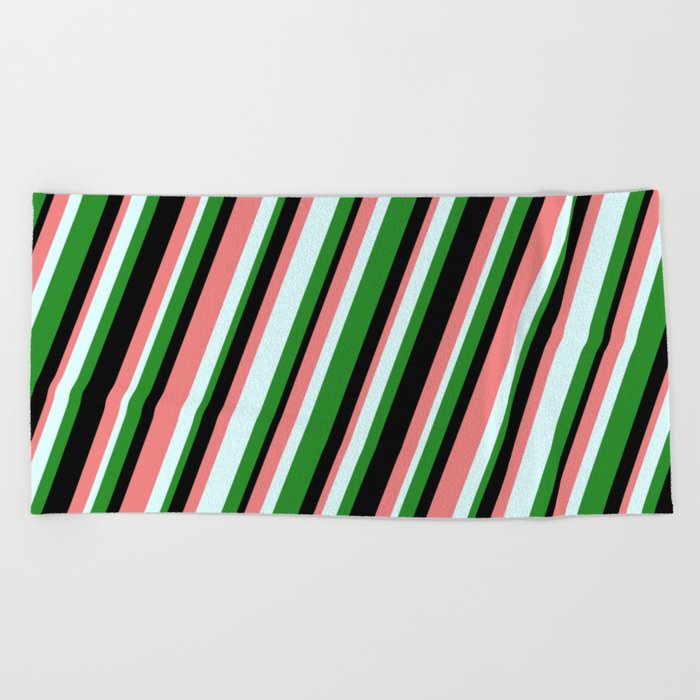 Forest Green, Black, Light Coral & Light Cyan Colored Stripes/Lines Pattern Beach Towel