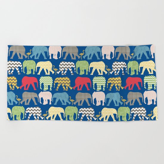 baby elephants and flamingos lapis Beach Towel