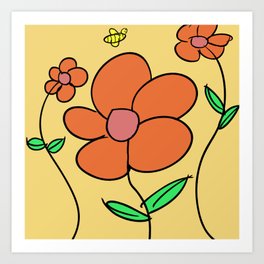 Happy Flowers and a Bumble Bee Drawing Art Print
