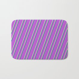 [ Thumbnail: Orchid, Tan & Teal Colored Stripes/Lines Pattern Bath Mat ]