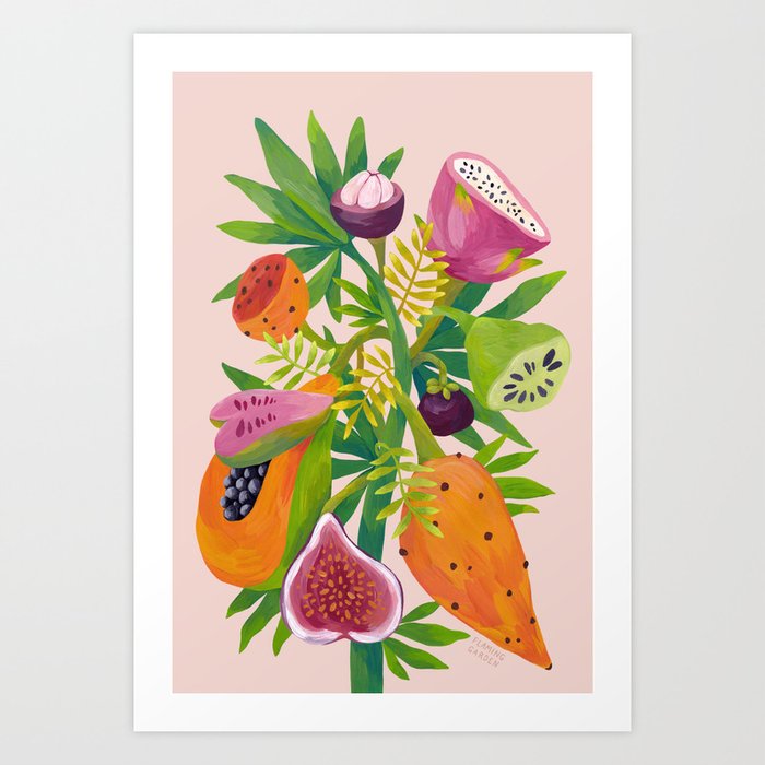 Exotic Fruits, Tropical Plants on Pink Background Art Print