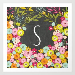 S botanical monogram. Letter initial with colorful flowers on a chalkboard background Art Print