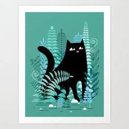 The Ferns (Black Cat on Green) Art Print