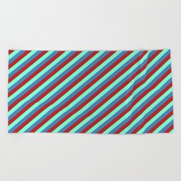 [ Thumbnail: Aquamarine, Blue & Red Colored Lined/Striped Pattern Beach Towel ]