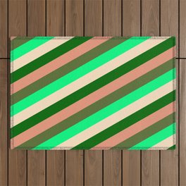 [ Thumbnail: Eye-catching Green, Bisque, Dark Green, Dark Salmon & Dark Olive Green Colored Lined/Striped Pattern Outdoor Rug ]