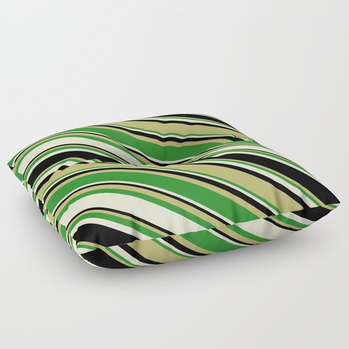 Dark Khaki, Forest Green, Light Yellow, and Black Colored Pattern of Stripes Floor Pillow