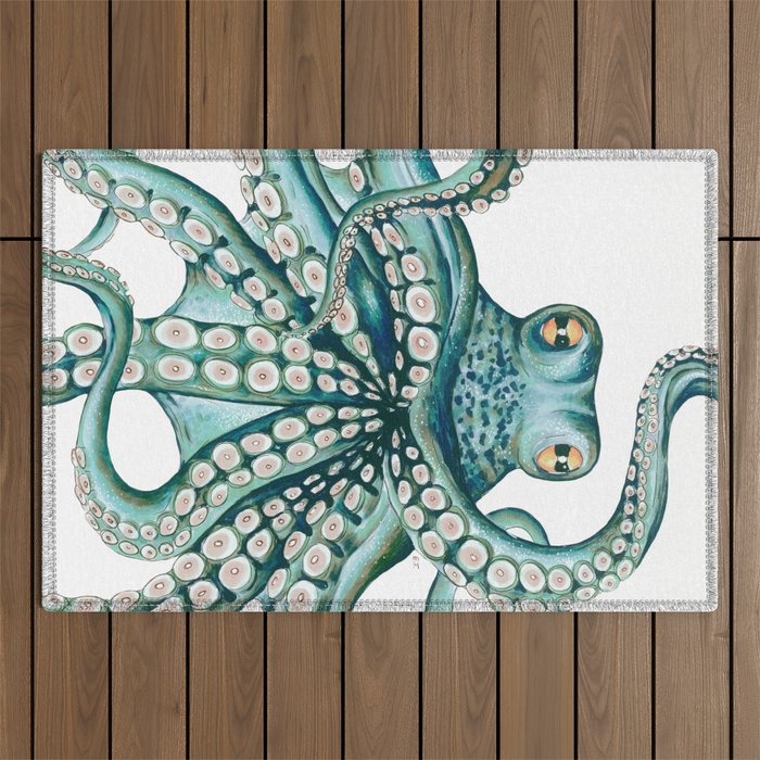 Octopus Kraken Teal Mint Green Ocean Nautical Art Outdoor Rug