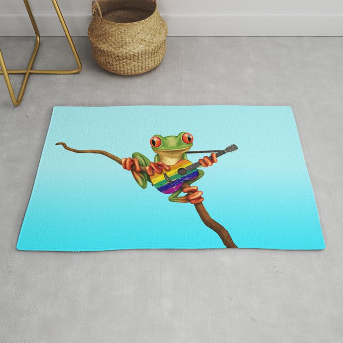 Tree Frog Playing Acoustic Guitar With Gay Pride Rainbow Flag Rug