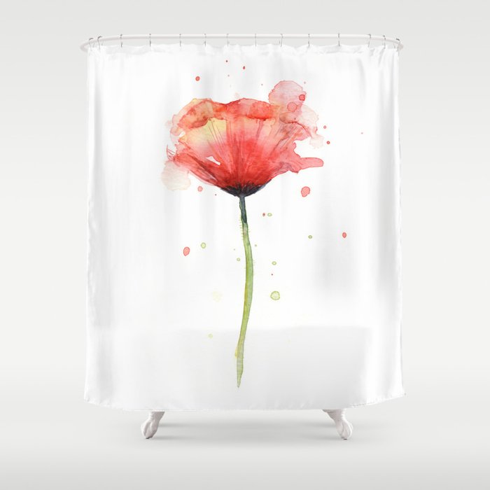 Red Poppy Watercolor Flower Floral Shower Curtain By