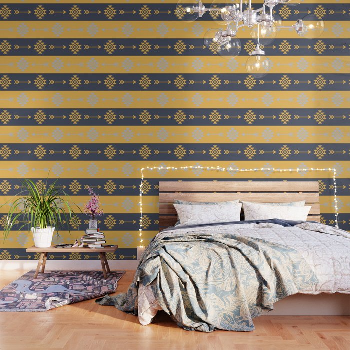 Aztec pattern - navy blue, yellow, light blue Wallpaper
