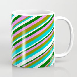 [ Thumbnail: Colorful Violet, Green, Dark Turquoise, White & Dark Green Colored Lines/Stripes Pattern Coffee Mug ]