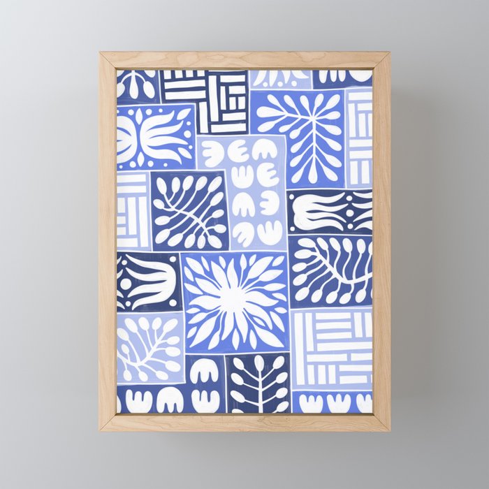 Stylized Floral Patchwork in Shades of Blue Framed Mini Art Print