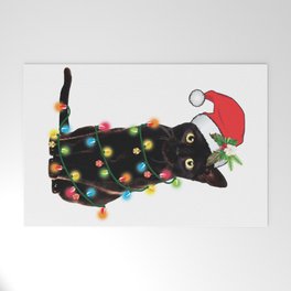 Santa Black Cat Tangled Up In Lights Christmas Santa Graphic Welcome Mat