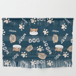 Blue pattern with cute, funny happy dogs. Paw prints, woof with hearts text and pets. Wall Hanging