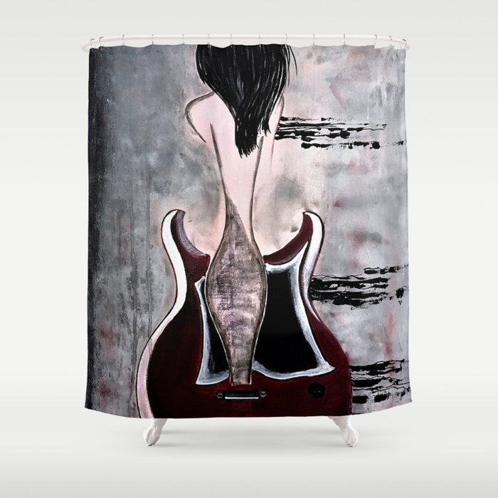 Guitar Art Women And Guitars Abstract Sound Waves Gibson Guitar Shower Curtain