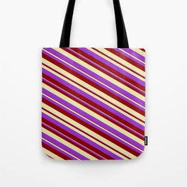 [ Thumbnail: Dark Orchid, Dark Red, and Pale Goldenrod Colored Striped/Lined Pattern Tote Bag ]