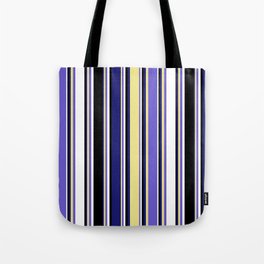 [ Thumbnail: Colorful Midnight Blue, Tan, Slate Blue, White, and Black Colored Lined/Striped Pattern Tote Bag ]