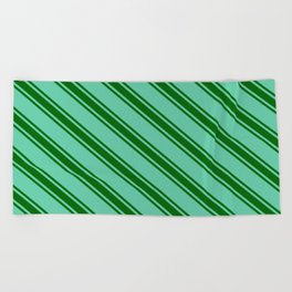 [ Thumbnail: Aquamarine & Dark Green Colored Stripes/Lines Pattern Beach Towel ]