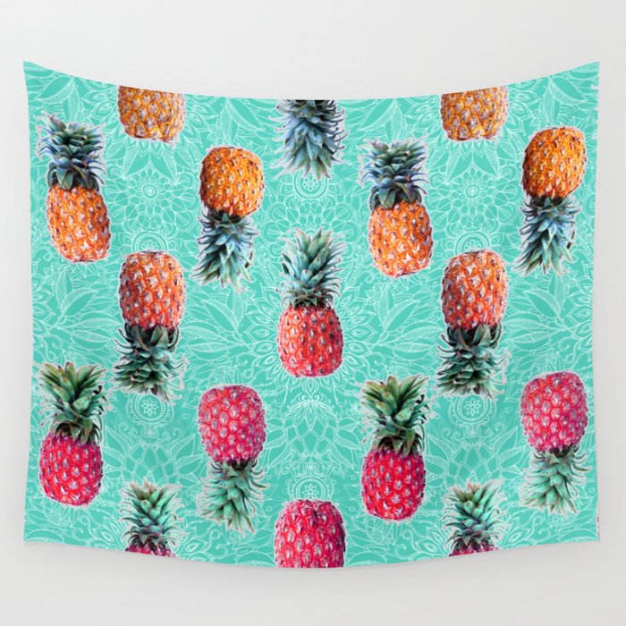 From Pineapple to Pink - tropical doodle pattern on mint Wall Tapestry