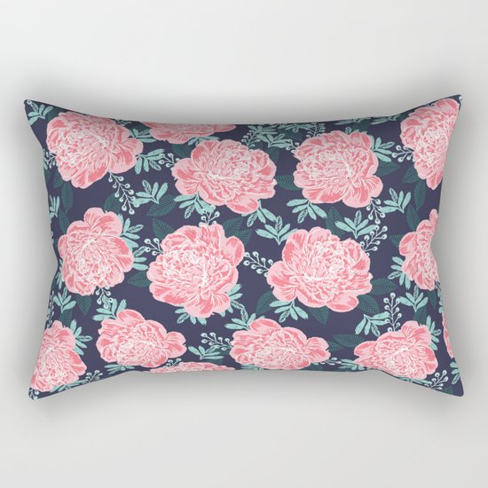 Peony Flowers navy pink and white modern colors for office home or college dorm decor Rectangular Pillow